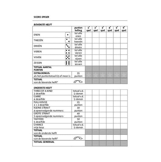 Dobbelspel Scoreformulieren – Extra grote scorebladen voor senioren, zorgen voor duidelijke en activerende spelbeleving.