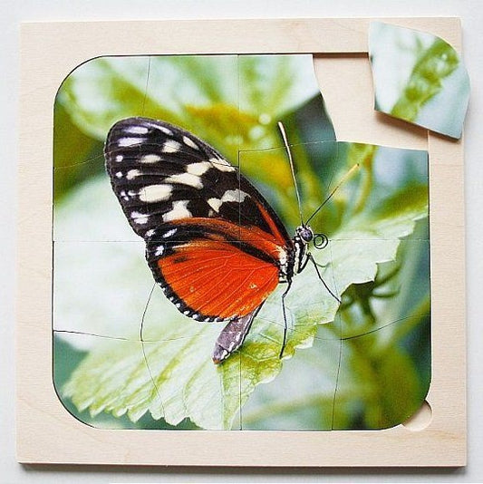Houten puzzel Vlinder – 16-delige puzzel met vlindermotief, bevordert activering en geheugen bij ouderen.