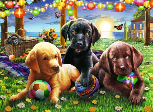 Dementie-puzzel Ravensburger Honden Picknick – 100 XXL stukjes, creëert een gezellige activering en stimuleert geheugen voor ouderen.