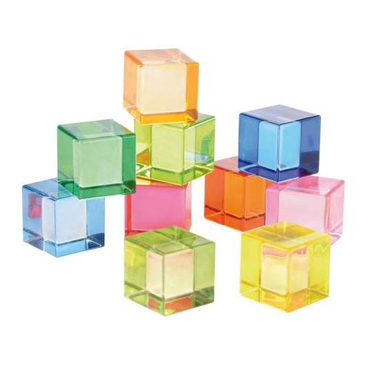 Transparante Gekleurde Kubusblokjes – Set van 10, bevordert creativiteit en activering voor senioren.