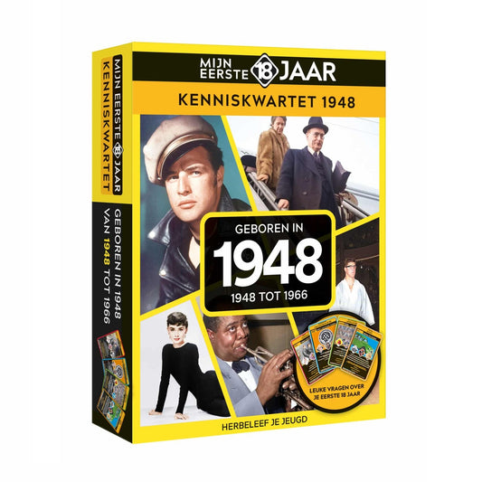 Mijn Eerste 18 Jaar Kenniskwartet 1948 – Nostalgisch kaartspel dat jeugdherinneringen oproept voor ouderen.