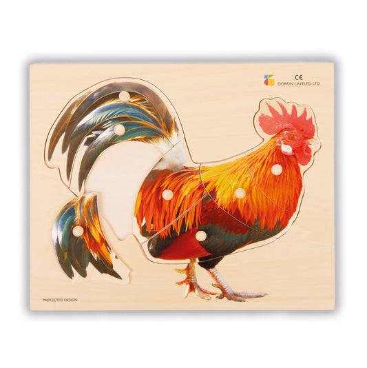 Houten Dementiepuzzel Haan – Puzzel met realistisch motief en grote knoppen, ideaal voor geheugenstimulatie bij dementie.