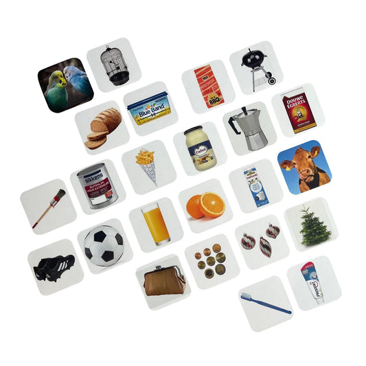 Overizchtsfoto van "Wat hoort bij wat?"een geheugen- en associatiespel dat herkenning en activering stimuleert voor senioren.