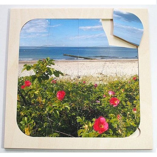 Houten Dementiepuzzel Bloemen aan Zee – 16-delige puzzel met bloemmotieven, speciaal voor activering bij dementie.