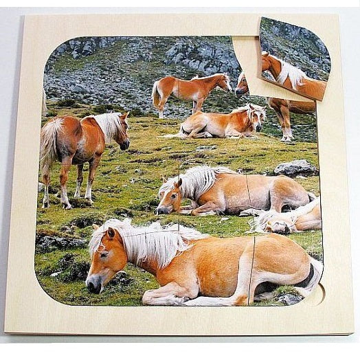 Houten Dementiepuzzel Paarden – 16-delige puzzel met paardenmotief, stimuleert geheugen en activering voor senioren.