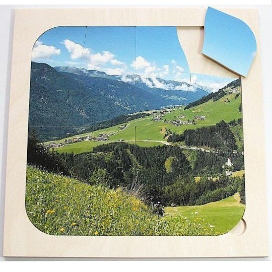 Dementie-puzzel 'Bergen' – 16-delige houten puzzel die geheugen en activering bevordert voor ouderen.