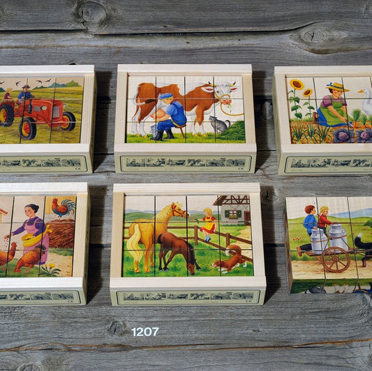 Kubus puzzel op de Boerderij 12-delig – Rustieke houten puzzel die activering en geheugenstimulatie biedt voor senioren.