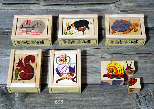 Kubus Puzzel Dieren II 6-delig – Houten blokkenpuzzel met dierenthema, ideaal voor geheugenstimulatie bij ouderen.