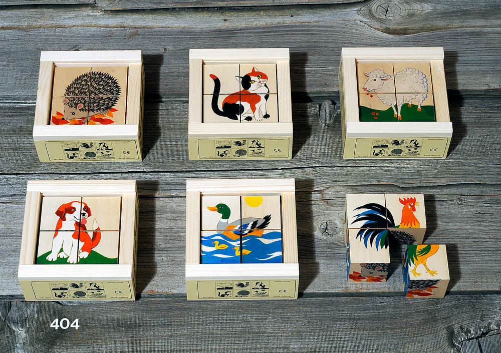 Kubus puzzel Huisdieren 4-delig – Sfeervolle houten puzzel met dierenthema, ontworpen voor activering en geheugen bij ouderen.