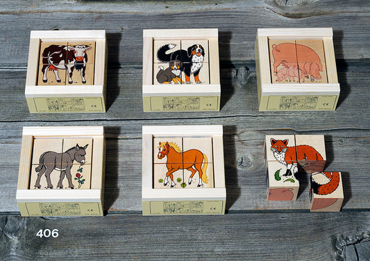 Kubus Puzzel Boerderijdieren 4-delig – Houten blokkenpuzzel met boerderijdieren, stimuleert geheugen en activering voor senioren.