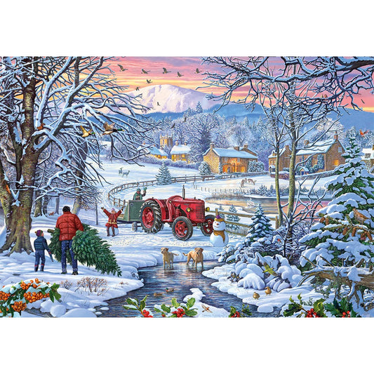 Puzzel 'Bringing Home the Tree' – Kerst XXL puzzel die gezelligheid en activering stimuleert voor senioren.
